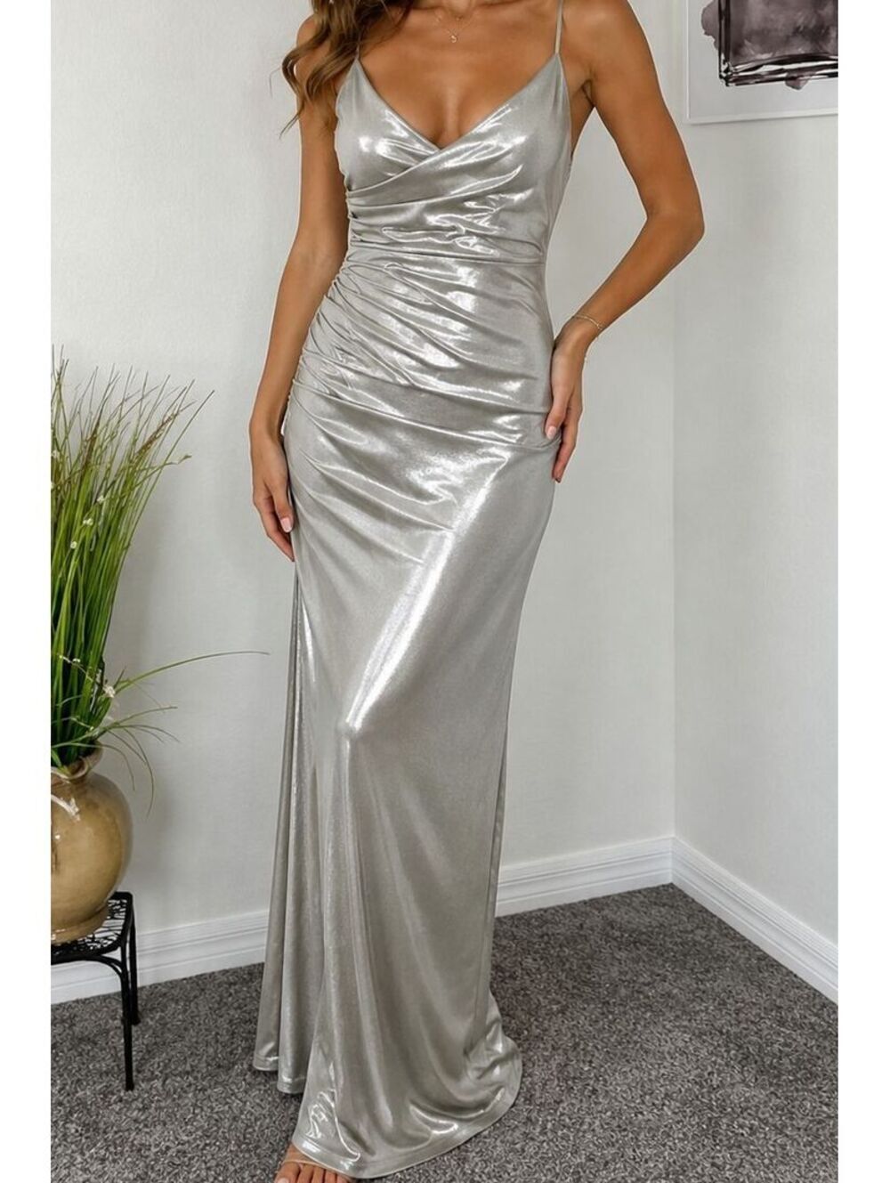 Blue Blush Silver Metallic Ruched Maxi Dress V Neck Spaghetti Strap Bodycon